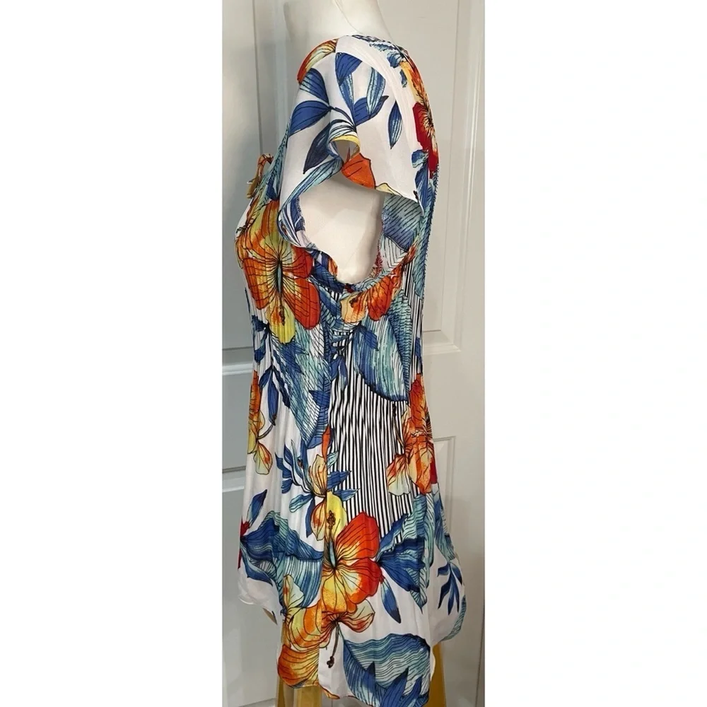 Melissa Paige Crinkle Top Womens Size Large White Blue Orange Floral Tunic - Picture 3 of 5